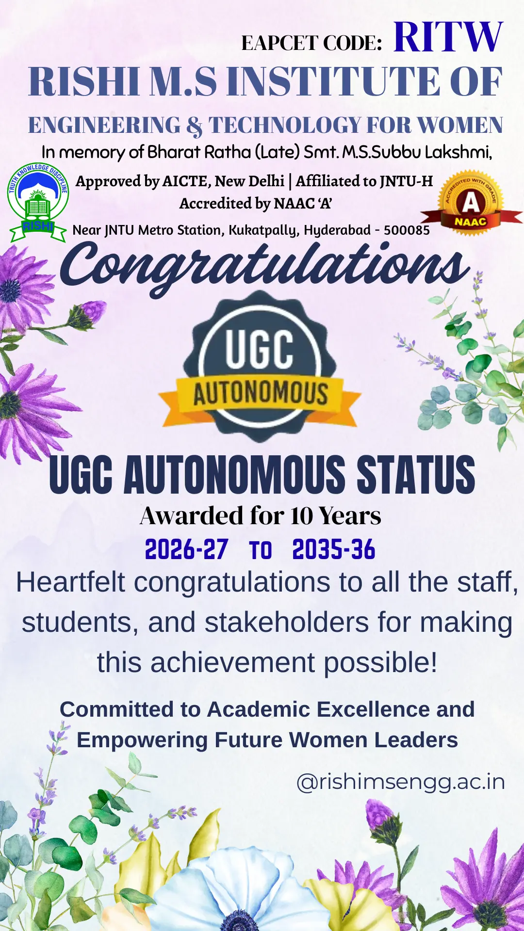 Rishi MS Institute of Engineering and Technology for Women UGC Autonomous Status Banner